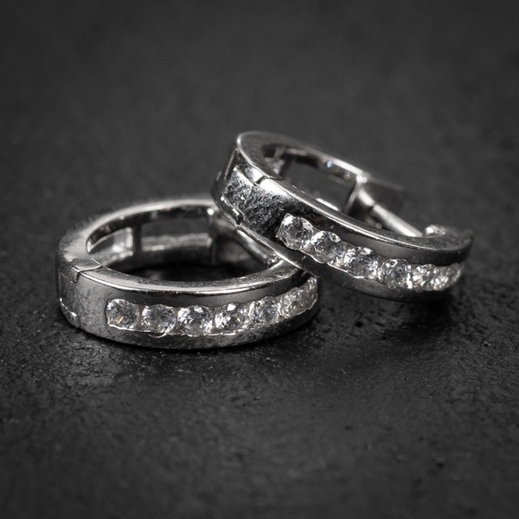 Silver Iced One Row Mens Small Hoop Earrings - Picture 3 of 5